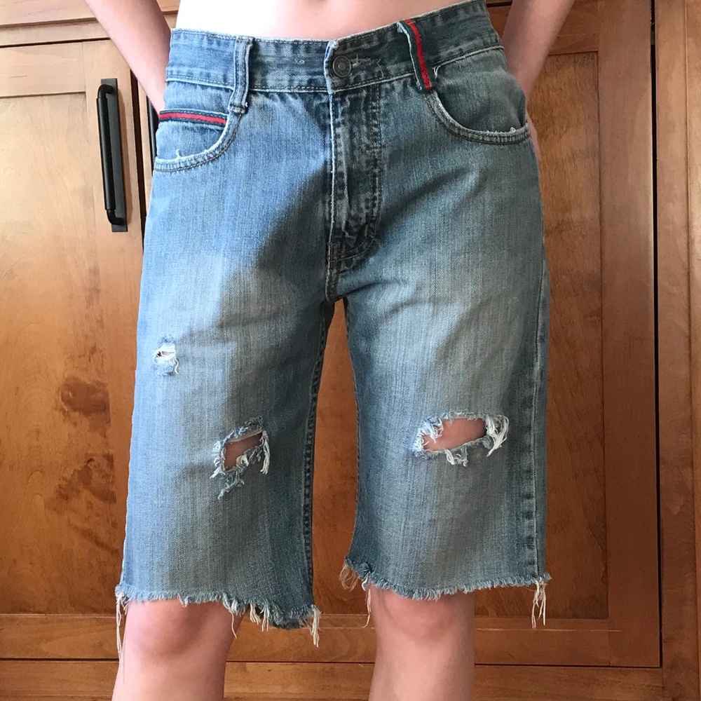 Gucci Distressed Denim Shorts with Red Detail